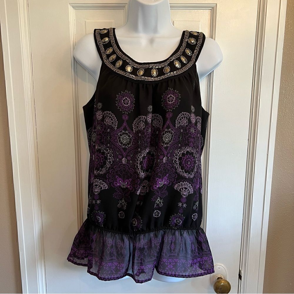 Apt.9 tank top blouse beaded neckline purple and black